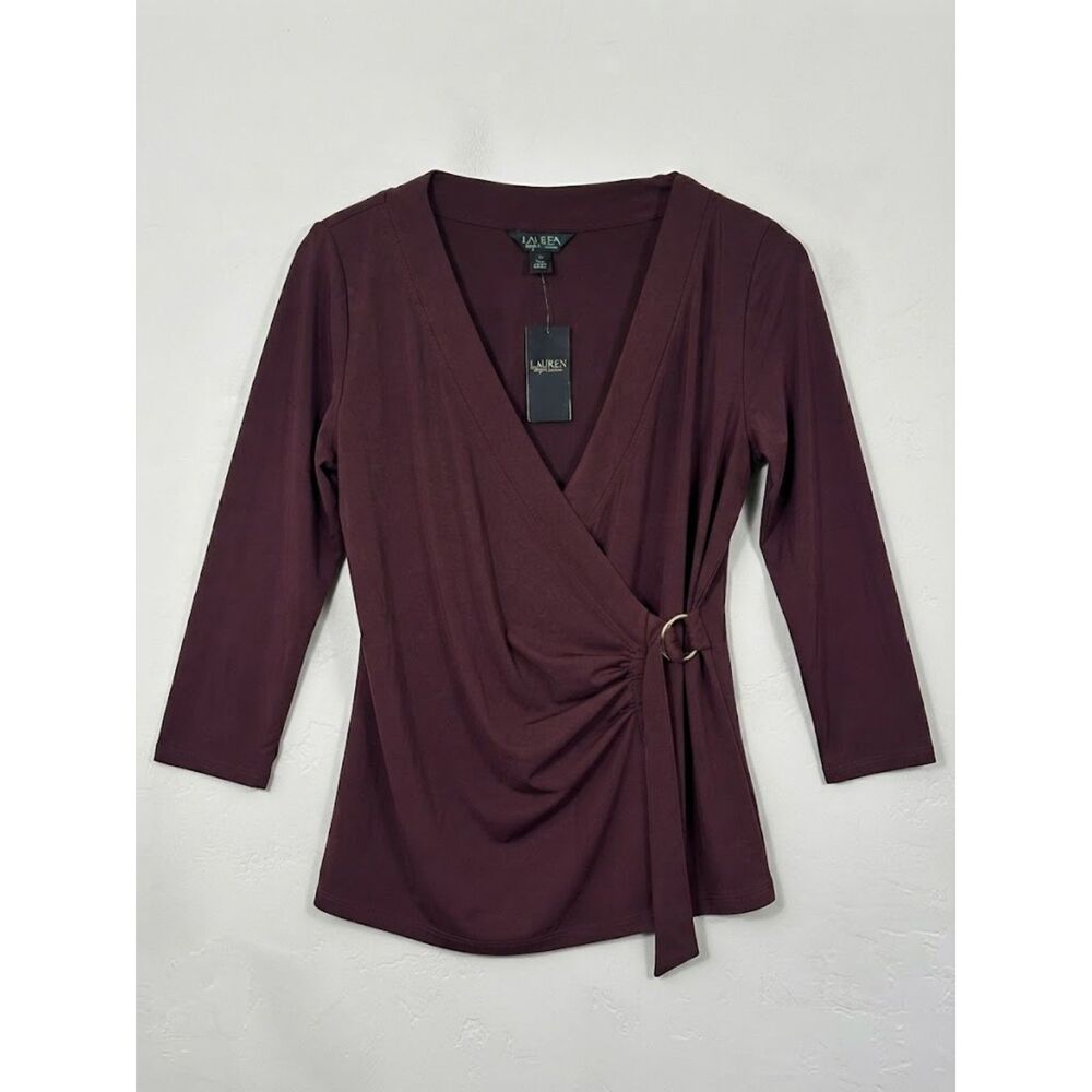 NWT Lauren Ralph Lauren Stretch Jersey Surplice Top Wrap Blouse Purple Large
